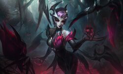  absurdres animal bare_shoulders bare_tree black_dress black_sleeves breasts bug claws coven_elise detached_sleeves dress elise_(league_of_legends) female forest highres large_breasts league_of_legends nature official_art outdoors parted_lips pink_hair red_dress red_sleeves shiny_clothes short_hair smile solo spider teeth tree 