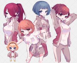  5girls adjusting_hair aegis_(persona) ahoge alternate_costume alternate_hairstyle android aqua_eyes aqua_hair blonde_hair blue_eyes blush_stickers bow bowtie breasts brown_eyes brown_hair chibi closed_mouth clothes_around_waist collarbone commentary emi_star english_commentary grey_jacket grey_pants grey_shorts gym_shirt gym_shorts gym_uniform hair_between_eyes hair_ornament hair_over_one_eye hairclip hand_on_own_chest hand_on_own_hip headband jacket jacket_around_waist kirijou_mitsuru large_breasts long_hair long_sleeves looking_at_viewer multiple_girls one_eye_covered open_clothes open_jacket open_mouth orange_eyes orange_hair pants persona persona_3 persona_3_portable ponytail red_bow red_bowtie red_eyes red_hair robot shiomi_kotone shirt short_hair short_sleeves shorts sleeves_past_wrists smile uniform white_shirt yamagishi_fuuka yukari_takeba 