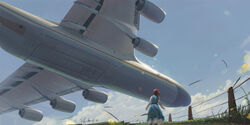  aircraft airplane antonov_an-225 blue_dress blue_sky braid chinese_commentary cloud commentary_request dress engine female grass highres leaf long_hair long_sleeves original outdoors painting_(medium) scenery shouhui_lang_qun signature sky solo traditional_media vehicle_focus wide_shot 