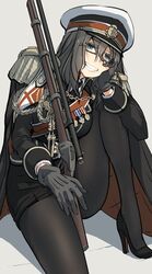  asterisk_kome black_pantyhose blue_eyes brown_hair cape commentary female gloves grin gun hat heroes_of_order high_heels highres holding holding_gun holding_weapon medal military military_uniform pantyhose peaked_cap red_sash rifle sash scope smile solo uniform weapon 