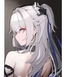  absurdres bare_shoulders blue_ribbon bronya_zaychik bronya_zaychik_(silverwing:_n-ex) closed_mouth commentary earrings error1980 female from_behind grey_eyes grey_hair hair_ribbon highres honkai_(series) honkai_impact_3rd jewelry long_hair looking_at_viewer looking_back ribbon solo upper_body 