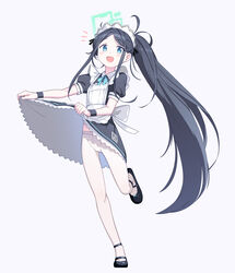  :d aris_(blue_archive) aris_(maid)_(blue_archive) black_footwear blue_archive blue_eyes borrowed_clothes clothes_lift female full_body halo highres lifting_own_clothes long_hair looking_at_viewer maid maid_headdress number_print open_mouth pantyhose parted_bangs puffy_short_sleeves puffy_sleeves saiste shoes short_sleeves side_ponytail simple_background skirt skirt_lift smile solo standing standing_on_one_leg very_long_hair white_background white_pantyhose wristband 