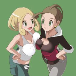  2girls alexa_(pokemon) blonde_hair breast_press breasts cleavage collarbone commentary_request crop_top earrings green_background green_eyes hand_on_own_hip highres jewelry large_breasts long_hair midriff multiple_girls navel pokemon pokemon_xy refuto siblings simple_background sisters smile thick_eyebrows thighs viola_(pokemon) 