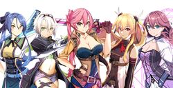  5girls absurdres alisa_reinford belt blonde_hair blue_hair blush breasts cleavage commentary_request eiyuu_densetsu emma_millstein fie_claussell goggles goggles_on_head green_eyes gun hair_tie hand_on_own_hip highres holding holding_gun holding_sword holding_weapon large_breasts laura_s._arseid looking_at_viewer multiple_girls navel nyuusai pink_hair purple_hair red_eyes sara_valestein sen_no_kiseki short_shorts shorts simple_background smile sword weapon white_background white_hair yellow_eyes 