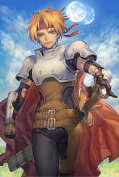  1boy arm_guards armor asymmetrical_bangs asymmetrical_legwear black_gloves blonde_hair brown_eyes brown_gloves cape cloud cloudy_sky commentary_request cowboy_shot cress_albane day fighting_stance fingerless_gloves gloves grass hair_between_eyes hand_on_hilt headband highres kin_mokusei leather looking_at_viewer male_focus moon outdoors pauldrons plate_armor ready_to_draw red_cape red_headband scabbard sheath sheathed short_hair short_sleeves shoulder_armor skindentation sky solo standing strap sword tales_of_(series) tales_of_phantasia vambraces walking weapon 