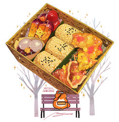  absurdres bench bento chopsticks eating food food_focus food_request fruit highres meat momiji_mao no_humans original realistic rice sesame_seeds signature simple_background sparkle still_life tanuki tree vegetable white_background 