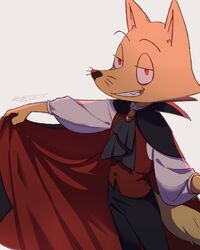  2022 anthro black_clothing canid canine cape clothing digital_media_(artwork) eyebrows fox fur hi_res kaiketsu_zorori kinoko_24 looking_at_viewer male mammal open_mouth open_smile red_clothing red_eyes shaded signature simple_background smile snout solo standing tail thin_eyebrows vampire_costume white_background yellow_arms yellow_body yellow_ears yellow_face yellow_fur yellow_hands yellow_tail zorori 