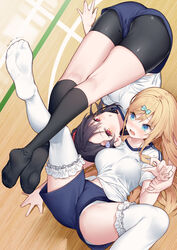  2girls ass bike_shorts black_hair black_shorts black_socks blonde_hair blue_bow blue_eyes blue_shorts bow breasts commentary_request feet foot_out_of_frame frilled_thighhighs frills gym_shirt gym_shorts gym_uniform hair_ornament hairbow hairclip holding_another&#039;s_wrist itou_chieri joint_lock kneehighs legs long_hair medium_breasts multiple_girls munakata_hinano no_shoes on_floor original panties red_eyes shirt short_shorts shorts shorts_under_shorts socks soles submission_hold thighhighs toes tokuno_yuika trembling underwear upside-down very_long_hair white_panties white_shirt white_thighhighs wrestling 