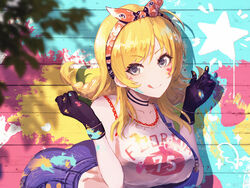  :q ahoge bad_id bad_pixiv_id blonde_hair bow bow_hairband breasts female gloves graffiti hachimiya_meguru hairband hands_up idolmaster idolmaster_shiny_colors large_breasts licking_lips long_hair looking_at_viewer minyom overalls paint_on_clothes smile solo star_(symbol) tank_top tongue tongue_out 