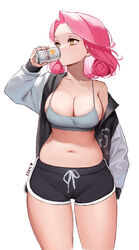  artist_name beer_can black_shorts breasts can cleavage commentary cowboy_shot crop_top dolphin_shorts drink_can drinking eden_(shiroki_yuutsu) english_commentary female flower-shaped_hair grey_jacket heart highres holding holding_can jacket large_breasts long_sleeves medium_hair midriff navel off_shoulder open_clothes open_jacket original pink_hair sapporo_beer short_shorts shorts sideboob simple_background solo spaghetti_strap stomach vanilla_(eden_(shiroki_yuutsu)) white_background yellow_eyes 