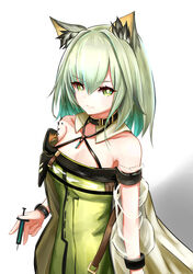  absurdres animal_ears arknights bare_shoulders black_choker breasts cat_ears choker cleavage commentary_request criss-cross_halter dress female green_dress green_eyes green_hair hair_between_eyes halterneck highres holding holding_syringe kal&#039;tsit_(arknights) kuromiz long_sleeves looking_at_viewer material_growth off-shoulder_dress off_shoulder oripathy_lesion_(arknights) see-through see-through_sleeves short_hair solo syringe upper_body white_background 