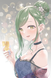  :d absurdres alcohol alternate_costume alternate_hairstyle asymmetrical_bangs black_choker blurry blush bokeh braid breasts champagne champagne_flute choker cleavage collarbone cup depth_of_field dress drinking_glass earrings female french_braid glint gradient_background green_hair hair_bun highres holding holding_cup idolmaster idolmaster_shiny_colors jewelry looking_at_viewer medium_breasts nail_polish nanakusa_hazuki necklace off-shoulder_dress off_shoulder see-through see-through_dress single_hair_bun smile solo umirororo upper_body 