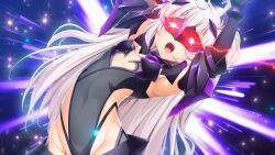  ahoge armor armored_leotard armpits arms_up avalatia_luna black_gloves black_leotard breasts corruption covered_navel dark_persona elbow_gloves female game_cg gloves glowing grey_leotard groin hair_between_eyes headgear highleg highleg_leotard kamitsurugi_ouka kouyoku_senki_exs-tia_concert large_variant_set leotard long_hair mask non-web_source official_art open_mouth small_breasts solo sugahara_touka variant_set very_long_hair white_hair 