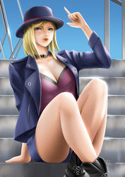  artist_name black_choker black_footwear black_hat blonde_hair blue_jacket blue_sky breasts choker cleavage cross-laced_footwear crossed_ankles female hat highres jacket koda_minare lipstick looking_at_viewer makeup medium_hair nami_yo_kiite_kure outdoors shorts sitting sky solo spj stairs top_hat 