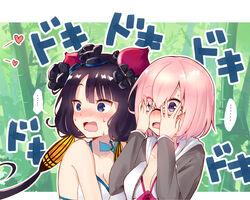  ... 2girls bamboo bamboo_forest bikini blue_eyes blush breasts cleavage commentary_request covering_own_eyes fate/grand_order fate_(series) forest glasses heartbeat hood hoodie itsumi_mita katsushika_hokusai_(fate) katsushika_hokusai_(swimsuit_saber)_(fate) low_twintails mash_kyrielight mash_kyrielight_(swimsuit_of_perpetual_summer) multiple_girls nature official_alternate_costume peeking_through_fingers pink_hair purple_eyes purple_hair short_hair spoken_ellipsis sweat swimsuit twintails wavy_mouth 