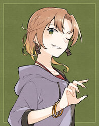  akigumo_(kancolle) alternate_costume alternate_hair_length alternate_hairstyle brown_hair earrings female green_background green_eyes green_sweater hood hooded_sweater hoodie jewelry kantai_collection looking_at_viewer miroku_san-ju one_eye_closed short_hair_with_long_locks short_sleeves solo sweater upper_body 