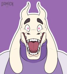  2020 alternate_costume anthro asriel_dreemurr boss_monster_(undertale) bovid bovine caprine clothed clothing clothing_swap demondoggodamien digital_media_(artwork) fangs fur goat horn long_ears looking_at_viewer male mammal monster open_mouth signature simple_background smile solo sweater teeth tongue topwear turtleneck undertale undertale_(series) white_body white_fur 