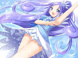  argyle_background arm_up armpits blue_background blue_dress blue_hair bracelet breasts brooch choker cowboy_shot cure_diamond diamond_(shape) dokidoki!_precure dress female forehead heart heart_brooch hishikawa_rikka jewelry long_hair open_mouth panties pantyshot precure puffy_short_sleeves puffy_sleeves short_sleeves small_breasts smile sparkle_background tamago_kago tiara underwear yellow_choker 