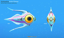  alex_ries alien ambiguous_gender beak big_eyes black_body black_skin blue_body blue_skin concept_art feral fin glowing multiple_images official_art peeper_(subnautica) purple_body purple_skin solo subnautica_below_zero tentacle yellow_eyes 