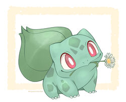  2020 ambiguous_gender amphibian bulbasaur claws feral flower flower_in_mouth generation_1_pokemon green_body green_markings markings nintendo nyaasu plant pokemon pokemon_(species) red_eyes signature smile solo spots standing 