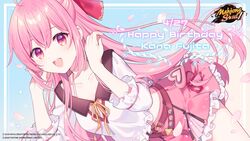  absurdres ahoge belt border character_name collarbone copyright_name dutch_angle english_commentary female fujita_kana gradient_background happy_birthday highres kusumoto_shizuru logo looking_at_viewer mahjong_soul midriff official_art official_wallpaper open_mouth petals pink_eyes pink_hair pink_skirt sidelocks skirt solo white_border yostar 