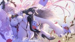  absurdres animal_ear_fluff animal_ears barefoot between_toes black_bow black_gloves bow breasts buttons card coattails corset fate/grand_order fate_(series) feet female fox_girl fox_tail glasses gloves grass high_heels highres koyanskaya_(assassin)_(second_ascension)_(fate) koyanskaya_(fate) kurisu_illusiae large_breasts mouth_hold pantyhose petals pink_hair playing_card rabbit_ears rose_petals single_barefoot smile solo tail tamamo_(fate) teeth_hold toes underbust white_pantyhose yellow_eyes 