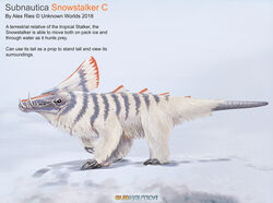  alex_ries alien ambiguous_gender claws concept_art dorsal_ridge english_text fangs feral fur glowing official_art quadruped snow_stalker_(subnautica) solo striped_body striped_fur stripes subnautica subnautica_below_zero teeth text unknown_worlds_entertainment white_body white_fur 