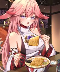  absurdres aburaage animal_ears bare_shoulders blush bottle bowl breasts chopsticks earrings eating female food fox_ears fox_girl genshin_impact hair_between_eyes highres holding holding_chopsticks holding_spoon indoors japanese_clothes jewelry kitsune_udon long_hair looking_at_viewer nontraditional_miko noodles open_mouth pink_hair pink_nails plate purple_eyes rudang sake_bottle solo spoon tofu udon yae_miko 