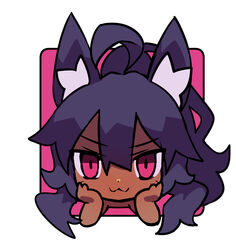  &gt;:) :3 absurdres ahoge animal_ears border borrowed_character brown_kemomimi-chan_(krr) chibi closed_mouth commentary_request commission dark-skinned_female dark_skin dungeon_and_fighter female highres korean_commentary long_hair looking_at_viewer original outside_border pink_background purple_eyes purple_hair rtari sidelocks simple_background smile solo upper_body v-shaped_eyebrows white_border 