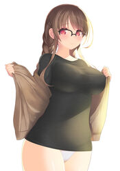  ahoge arima_senne black_shirt blush braid breasts brown_hair female glasses highres jacket kashiwamochi_yomogi large_breasts lingerie long_hair original panties red_eyes shirt simple_background smile solo sweater_jacket t-shirt underwear 