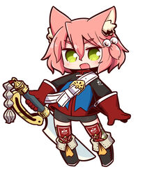  7th_dragon 7th_dragon_(series) :d animal_ear_fluff animal_ears belt belt_buckle black_footwear black_shorts blue_jacket blush boots buckle cat_ears commentary_request female fighter_(7th_dragon) full_body gloves green_eyes hair_between_eyes hair_bobbles hair_ornament harukara_(7th_dragon) highres holding holding_sword holding_weapon jacket knee_boots long_sleeves looking_at_viewer naga_u oerba_yun_fang one_side_up open_mouth pink_hair red_gloves short_shorts shorts simple_background smile solo standing striped_clothes striped_thighhighs sword thighhighs thighhighs_under_boots v-shaped_eyebrows weapon white_background white_belt 