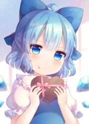  ahoge blue_bow blue_dress blue_eyes blue_hair blue_wings blurry blurry_background blush bow box cirno closed_mouth coa_(chroo_x) collared_shirt commentary_request depth_of_field detached_wings dress female food food_on_face frilled_shirt_collar frills gift gift_box hairbow hands_up heart-shaped_box holding holding_gift ice ice_wings puffy_short_sleeves puffy_sleeves shirt short_hair short_sleeves solo touhou upper_body white_shirt wings 