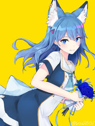  animal_ear_fluff animal_ears aqua_neckerchief blue_dress blue_eyes blue_flower blue_hair blue_nails blue_ribbon blue_rose blush bouquet commentary cowboy_shot double-parted_bangs dress ear_piercing earrings female flower hair_ornament highres holding holding_bouquet jewelry leaning_forward live_union long_hair looking_at_viewer minase_nagi_(live_union) mole mole_under_eye nail_polish neckerchief oerba_yun_fang open_mouth piercing ribbon rose sailor_collar short_sleeves simple_background smile solo suu2510 twitter_username virtual_youtuber white_sailor_collar wide_sleeves yellow_background 