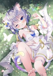  ;3 animal animal_ear_fluff animal_ears bare_shoulders barefoot blue_eyes blush breasts bug butterfly cleavage closed_mouth dress feet female foot_out_of_frame grey_hair hair_between_eyes hand_up legs looking_at_viewer lying medium_breasts on_back on_grass one_eye_closed original solo strapless strapless_dress toes umi_suzume white_dress 