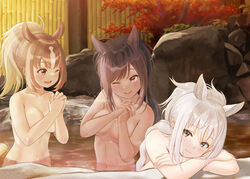  3girls animal_ears black_hair blush breasts brown_eyes brown_hair brown_thoroughbred_(kemono_friends) chestnut_thoroughbred_(kemono_friends) cleavage closed_mouth collarbone convenient_arm convenient_censoring crossed_arms dark-skinned_female dark_skin extra_ears grey_eyes grey_hair highres horse_ears horse_girl isho_k10000 kemono_friends large_breasts lips long_hair looking_at_another looking_at_viewer multicolored_hair multiple_girls navel one_eye_closed open_mouth pink_eyes ponytail smile sunset teeth upper_teeth_only white_hair white_thoroughbred_(kemono_friends) 