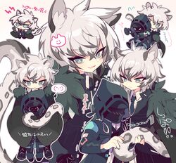  &gt;_&lt; 2boys :d animal_ear_fluff animal_ears arknights black_cape black_gloves black_jacket blush cape chibi collared_shirt commentary_request crossed_bangs doctor_(arknights) flying_sweatdrops fur-trimmed_cape fur_trim gloves hair_between_eyes holding holding_another&#039;s_tail hood hooded_jacket hug hug_from_behind jacket leopard_boy leopard_ears leopard_tail long_sleeves looking_at_viewer male_focus multiple_boys necktie open_mouth peroppafu shirt sidelocks silverash_(arknights) smile spoken_expression standing tail translation_request white_background white_hair white_shirt 