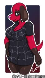  2023 alpha_channel animal_crossing anthro bottomless bottomless_anthro breasts canid canine canis cherry_(animal_crossing) citrusfumes cleavage clothed clothing domestic_dog ear_piercing female fur looking_at_viewer mammal nintendo piercing red_body red_fur simple_background solo topwear 