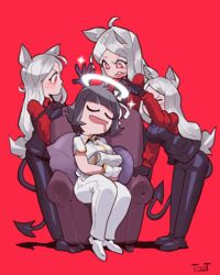  +_+ 4girls ahoge animal_ears arm_garter armchair artist_name azazel_(helltaker) black_footwear black_gloves black_hair black_pants black_vest blunt_bangs blush breasts cerberus_(helltaker) chair closed_eyes commentary cushion demon_tail dog_ears drooling english_commentary full_body gloves hair_ribbon halo hand_up helltaker highres long_hair long_sleeves medium_breasts mouth_drool multiple_girls notepad oerba_yun_fang open_mouth pants red_background red_eyes red_shirt ribbon shirt shoes short_hair short_sleeves simple_background sitting sleeping sparkle sweatdrop symbol-shaped_pupils tail toot triplets v-shaped_eyebrows vest waistcoat white_footwear white_gloves white_hair white_pants white_ribbon white_shirt 