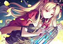  asymmetrical_sleeves between_breasts birdcage black_dress black_nails blonde_hair blue_fire blush breasts brown_eyes cage cloak closed_mouth commentary detached_collar dress dutch_angle earrings ereshkigal_(fate) falling_petals fate/grand_order fate_(series) female fire floating_hair gold_trim half-closed_eyes hands_up hitodama holding holding_cage hood hood_down hooded_cloak hoop_earrings infinity_symbol jewelry light_smile long_hair looking_at_object motherly nail_polish parted_bangs petals red_cloak red_eyes single_sleeve skull skull_ornament solo spine spirit strap takibixt tiara two_side_up very_long_hair yellow_cloak 