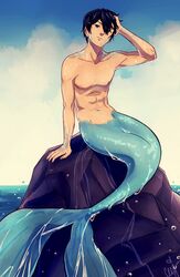  1boy abs bare_arms bare_shoulders black_hair blue_eyes blue_sky ceejles cloud collarbone commentary eyebrows free! hair_between_eyes hand_in_own_hair hand_on_own_head highres lips looking_at_viewer male_focus merman monster_boy nanase_haruka_(free!) nipples ocean outdoors pectorals rock scales short_hair sitting sky solo stomach tail topless_male water wet 