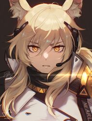  absurdres animal_ear_fluff animal_ears arknights armor blonde_hair character_name coat commentary english_commentary female headset highres horse_ears horse_girl implied_extra_ears lens_flare long_hair looking_at_viewer name_tag nearl_(arknights) nearl_the_radiant_knight_(arknights) orange_eyes shoulder_pads signature solo upper_body velephyr white_coat 