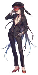  animal_ears belt black_hair black_hat black_jacket black_pants breasts buttons closed_mouth collarbone crest fake_animal_ears family_crest fate/grand_order fate_(series) female full_body gloves grey_gloves grin hat high_heels highres jacket koha-ace long_hair long_sleeves looking_at_viewer medium_breasts oda_nobunaga_(fate) oda_nobunaga_(koha-ace) oda_uri pants peaked_cap rabbit_ears red_eyes red_footwear sidelocks simple_background smile solo very_long_hair vivi_(eve_no_hakoniwa) white_background 