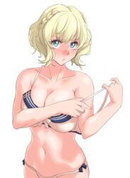  bikini blonde_hair blue_eyes blush breasts cleavage collarbone colorado_(kancolle) cowboy_shot female highres kantai_collection large_breasts navel no_headgear no_headwear short_hair simple_background solo sozan swimsuit white_background white_bikini 