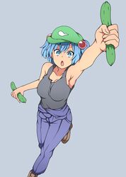  absurdres alternate_costume armpits blue_eyes blue_hair blue_jumpsuit breasts brown_footwear cleavage clothes_around_waist cucumber denim female flat_cap green_hat grey_background grey_shirt hair_bobbles hair_ornament hat highres jumpsuit jumpsuit_around_waist kawashiro_nitori medium_hair shirt short_twintails sidelocks simple_background solo suwaneko tank_top touhou twintails two_side_up 