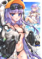  2girls animal_hood bad_id bad_pixiv_id bandage_over_one_eye bandaged_arm bandaged_head bandaged_leg bandages bare_shoulders bikini bird black_bikini black_jacket blue_bow blue_eyes blue_sky blush bow breasts choker closed_eyes collarbone fate/grand_order fate_(series) giant giantess highres hood hood_up jacket kingprotea_(fate) long_hair long_sleeves looking_at_viewer meltryllis_(fate) meltryllis_(swimsuit_lancer)_(fate) meltryllis_(swimsuit_lancer)_(first_ascension)_(fate) moss multiple_girls naked_bandage navel nyamaso ocean penguin penguin_hood purple_hair sky sleeves_past_fingers sleeves_past_wrists small_breasts smile sunglasses swimsuit thighs tongue tongue_out very_long_hair water_drop 