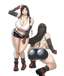  ass black_hair breasts cleavage crop_top elbow_gloves female final_fantasy final_fantasy_vii fingerless_gloves gloves goddess_of_victory:_nikke highres large_breasts legs_together long_hair low-tied_long_hair meme miniskirt navel nikke&#039;s_shooting_pose_(meme) panties parody red_gloves shibusun simple_background skirt smile stomach suspender_skirt suspenders tank_top tifa_lockhart underwear white_panties white_tank_top 