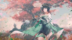  2others absurdres autumn_leaves blunt_bangs breasts brown_eyes chinese_clothes cleavage dark_green_hair detached_sleeves dress female floating floating_object gloves grass green_dress green_hair hair_ornament hair_stick hairpin hanying:_zitherwoe_(punishing:_gray_raven) hanying_(punishing:_gray_raven) highres horns jewelry large_breasts leaf light_smile long_hair maple_leaf mechanical_parts mole mole_under_eye multiple_others necklace on_grass outdoors partially_fingerless_gloves punishing:_gray_raven qilin_(mythology) standing strapless strapless_dress thigh_strap thighs tree variant_set white_hair yanderenasa 