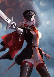  aircraft azur_lane battlefield_(series) battlefield_1 black_hat black_thighhighs blue_eyes breasts cape commentary_request cowboy_shot dirigible female gloves hat highres holding holding_sword holding_weapon large_breasts marshall_k parody peaked_cap pink_hair seydlitz_(azur_lane) short_sleeves solo sword thighhighs weapon 