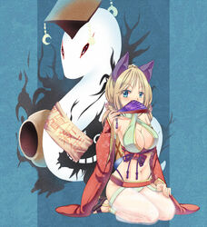  adapted_costume animal_ears bikini blonde_hair blue_background blue_eyes breasts cat_ears chinese_clothes cleavage closed_eyes commentary_request dated_commentary demon detached_sleeves evil_snake_lord fan_over_face female floral_print folding_fan full_body green_bikini guan_hat gypsy_(ragnarok_online) halterneck hand_fan jar kawagoe_pochi large_breasts long_hair mian_guan monster navel ofuda print_sleeves ragnarok_online red_sleeves sandals see-through seiza sitting snake swimsuit white_snake 