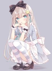  alice_(alice_in_wonderland) alice_(alice_in_wonderland)_(cosplay) alice_in_wonderland black_bow black_footwear blue_dress bow bowtie brown_hair commentary_request cosplay dress female frilled_dress frills hair_ornament hoshi_(snacherubi) long_hair looking_at_viewer mole mole_under_eye open_mouth original panties self-portrait shindan_maker simple_background solo star_(symbol) star_hair_ornament striped_clothes striped_thighhighs thighhighs underwear very_long_hair white_panties 